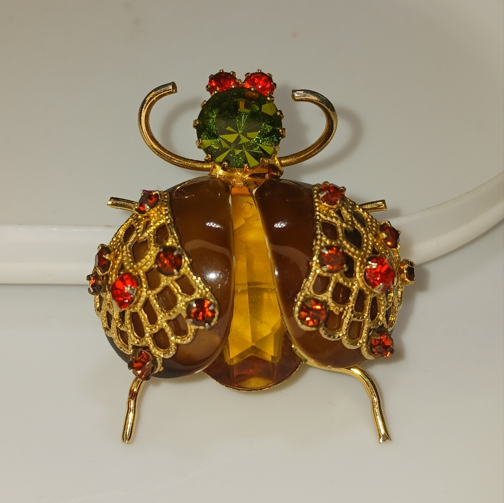Vintage Insect Beetle Bug Rhinestone Brooch Pin Glass - Picture 10 of 16